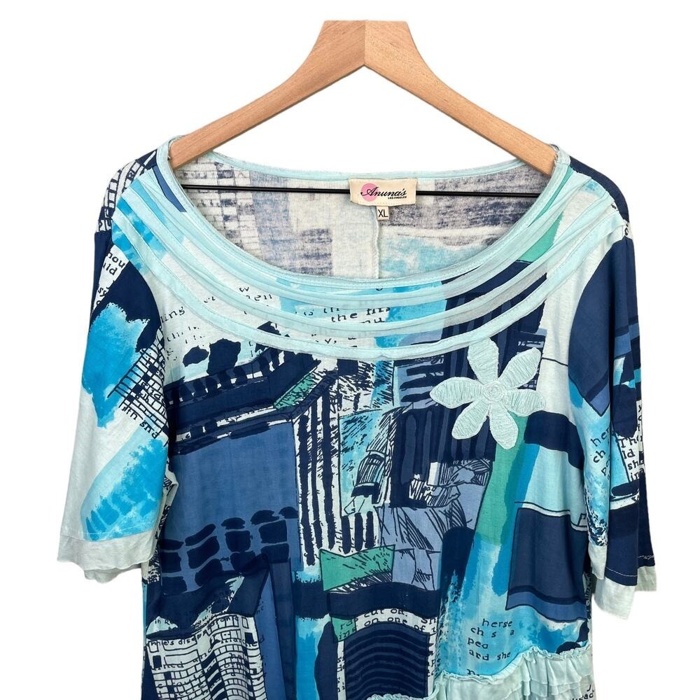 Anuna's Blue Abstract Newspaper Print Ruffle Handkerchief Tunic XL Lagenlook - Picture 4 of 10